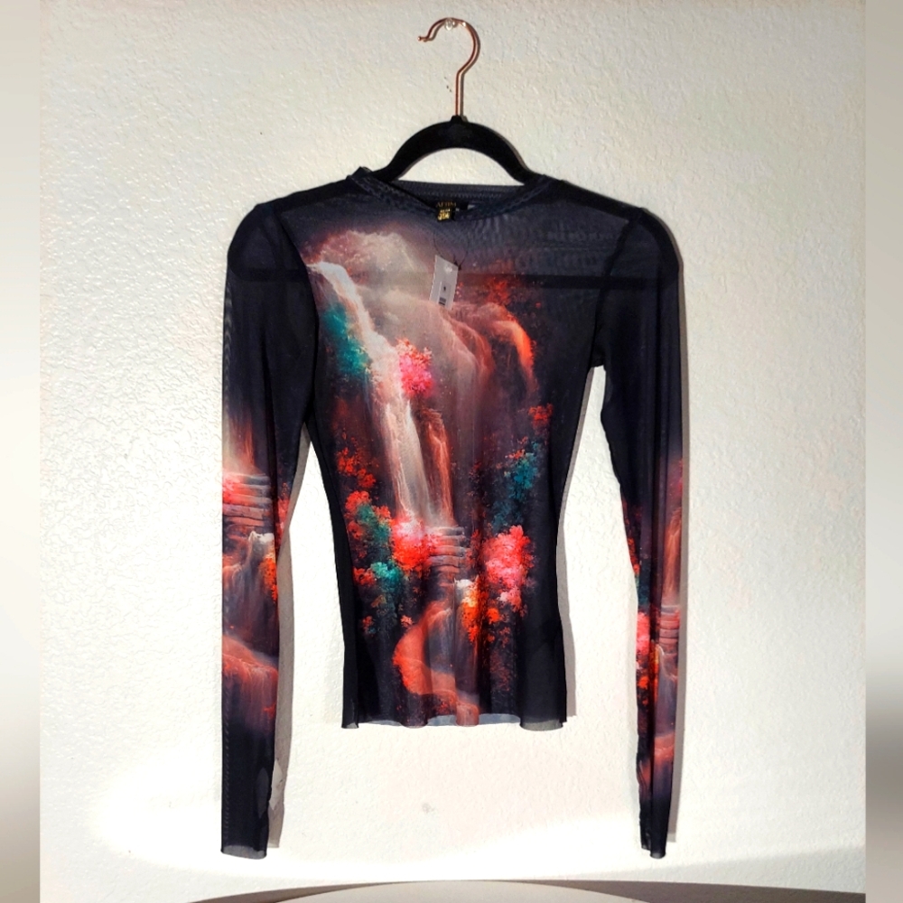 AFRM Black/Multi Waterfall Floral Sheer Thumbwhole Sleeve Top WM Size XS NWT